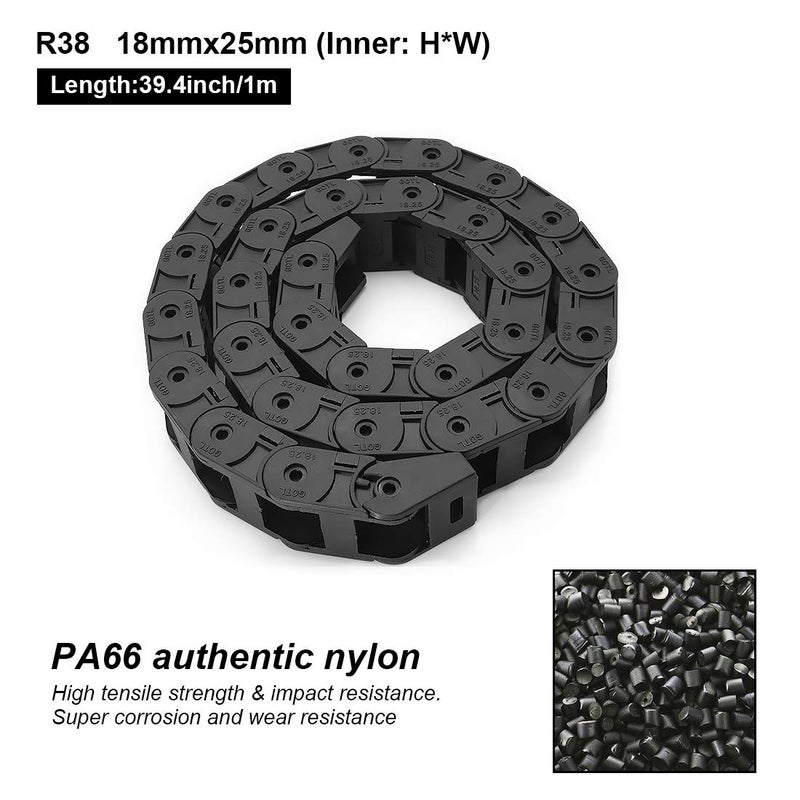 LMioEtool Pack of 2, R38 18mm x 25mm(Inner H x Inner W) Black Plastic Cable Wire Carrier Drag Chain 1M Length for CNC, with End Connectors - Bridge Type (Inner Side openable) - Image 2